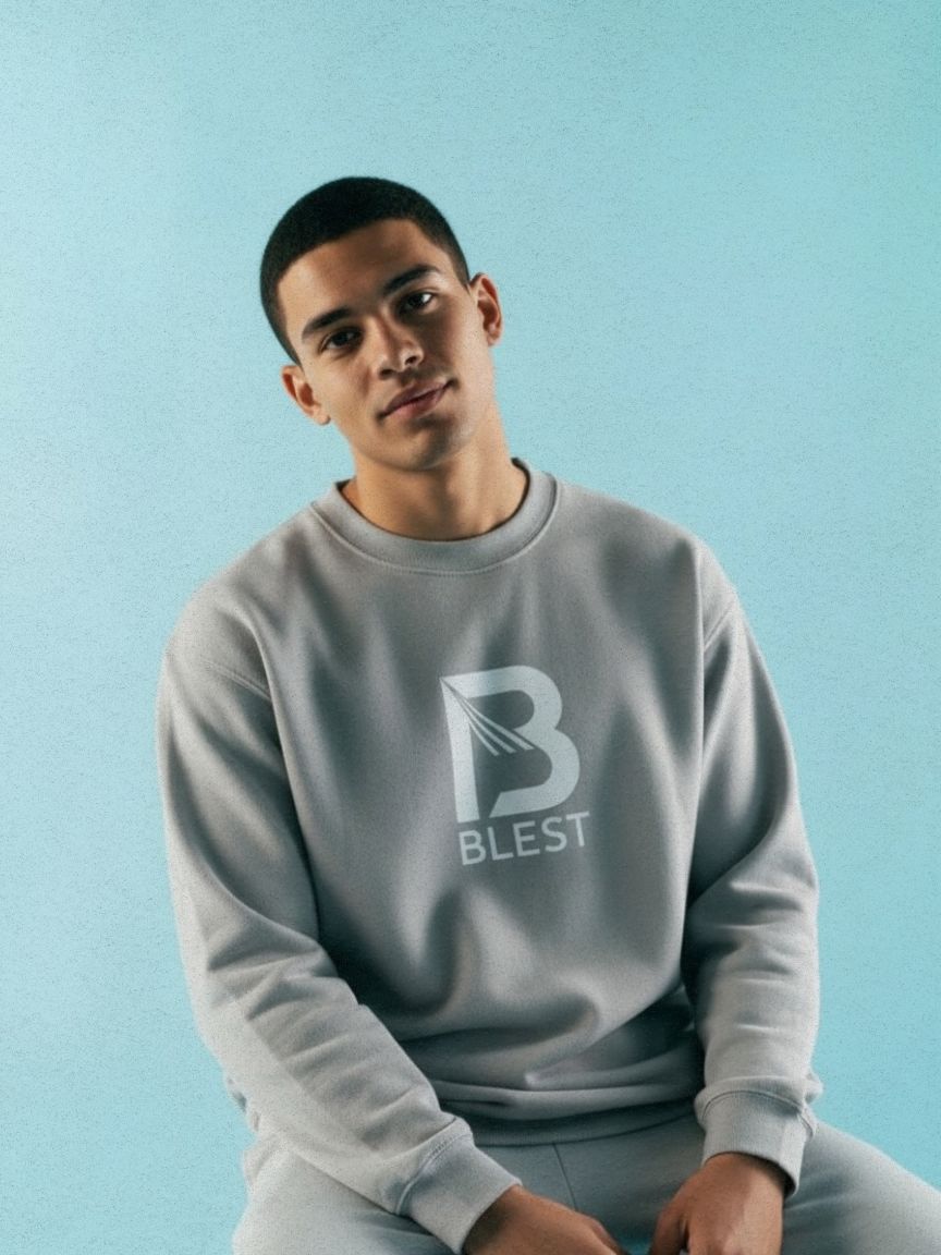 Blest Native Gray Sweatshirt - Model Seating In Studio