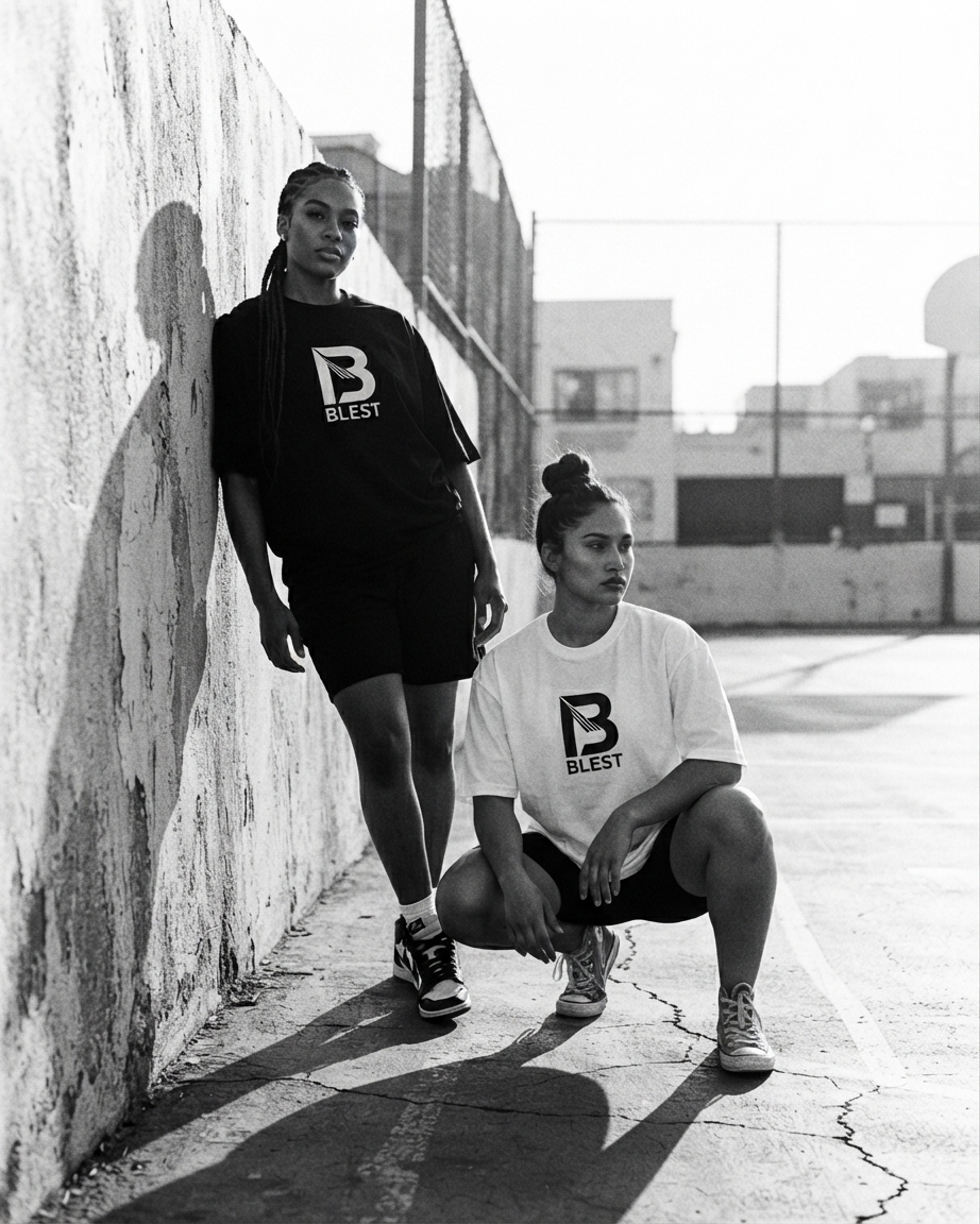 Black and white editorial image of two models wearing Blest t-shirts