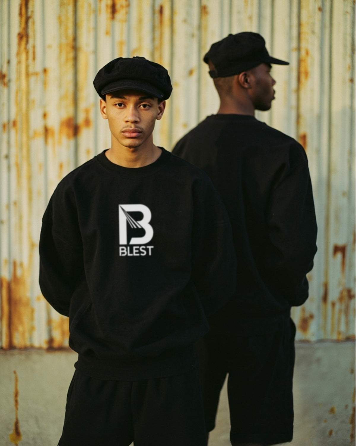 Editorial image of models wearing Blest sweatshirt