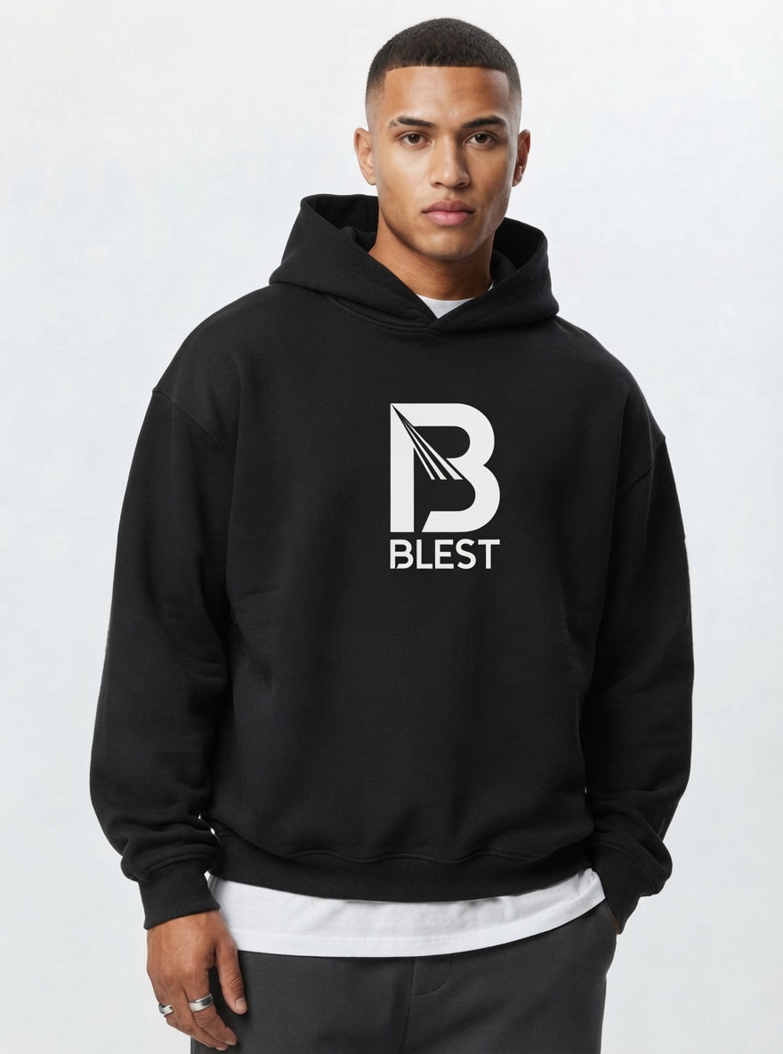 Blest black pullover hoodie with white B Blest logo