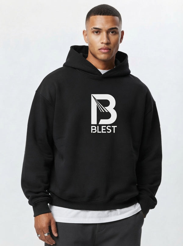 Blest black pullover hoodie with white B Blest logo