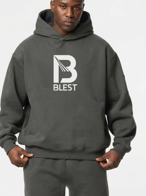 Blest grey pullover hoodie with white B Blest logo