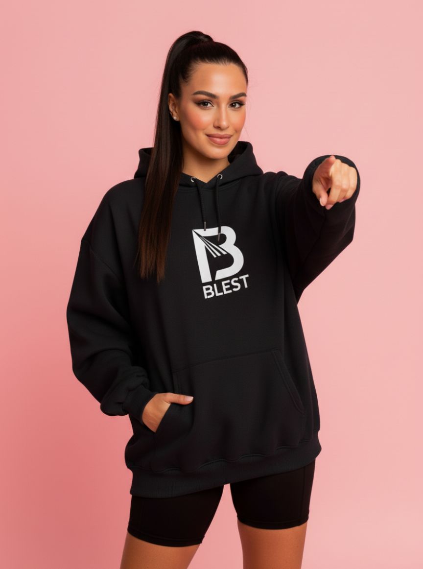 Blest Black B Hoodie - Model Pointing At You