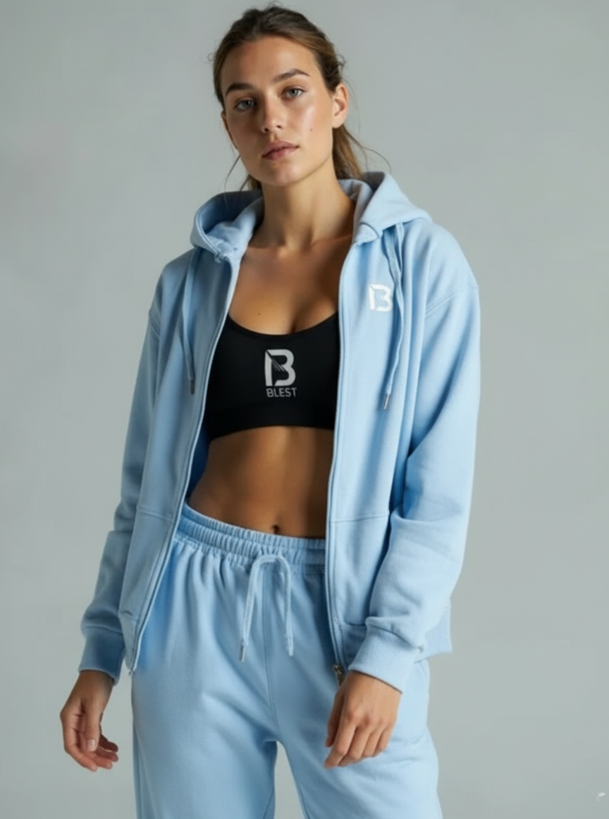 Woman Wearing the Blue Blest Outsider Tracksuit