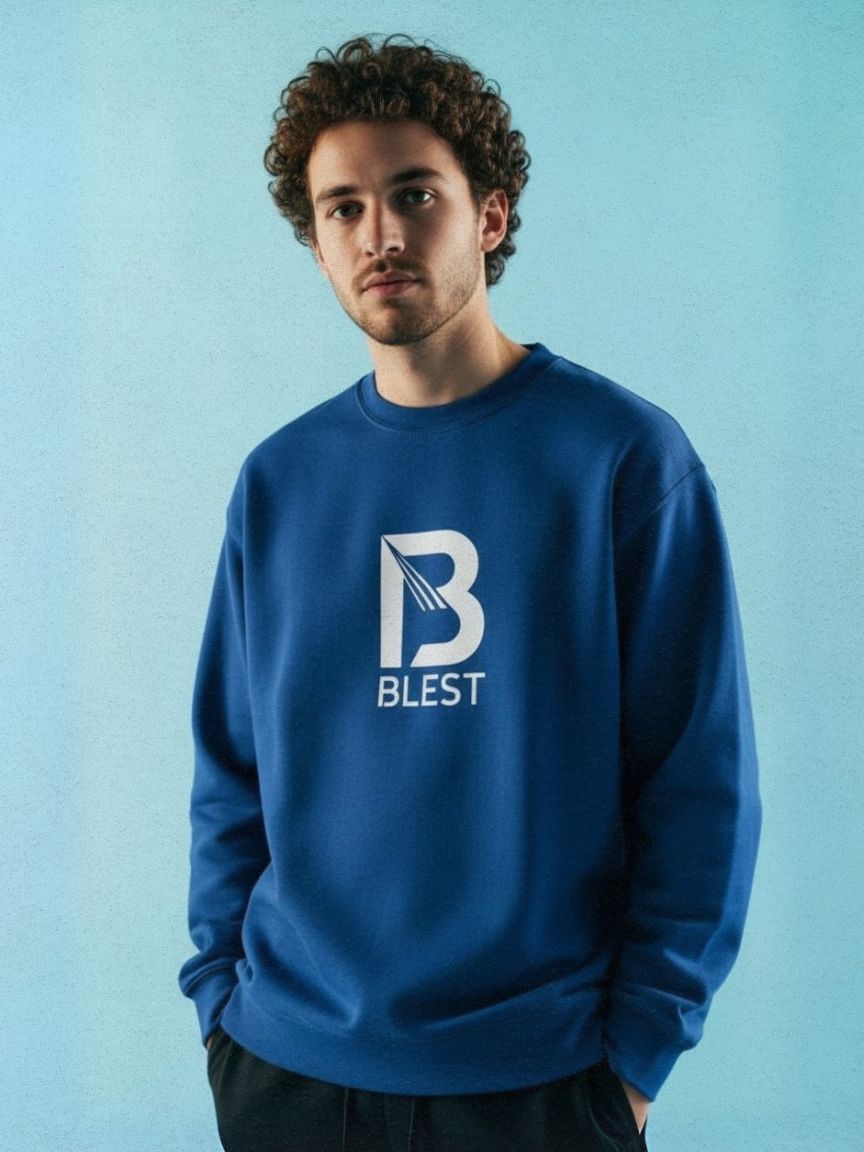 Model Posing With a Blest Native Blue Sweatshirt