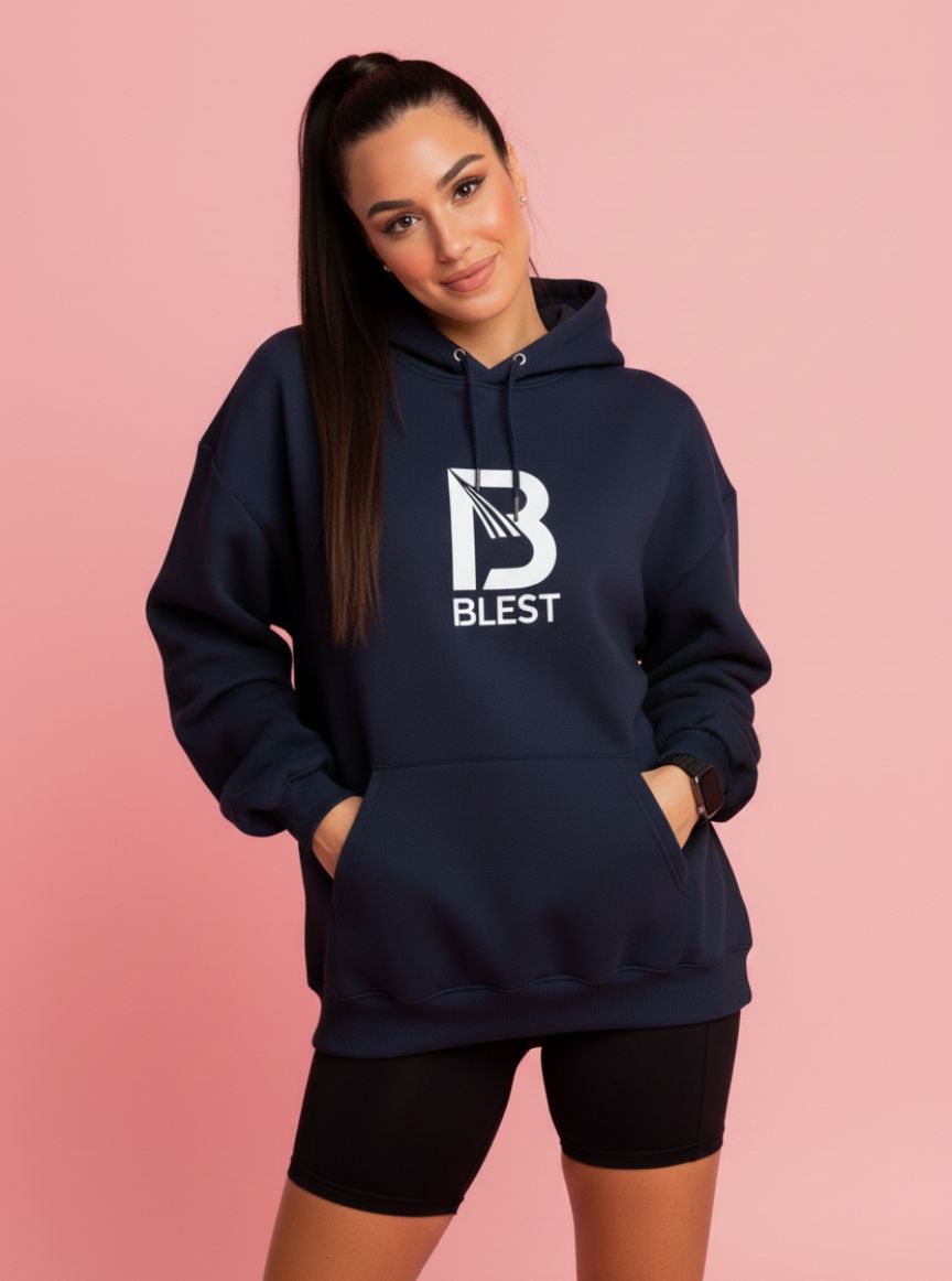 Blest Navy B Hoodie - Woman Posing In Studio
