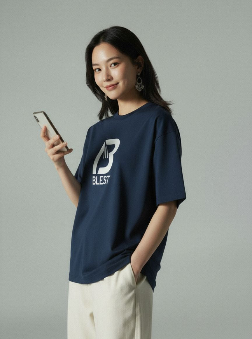 Blest Navy Keep On T-Shirt Pose With Phone