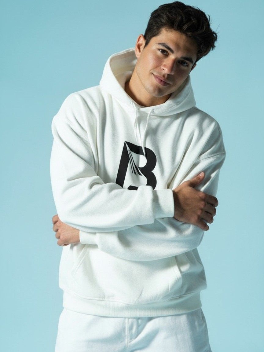 Blest White B Hoodie - Model Posing With Closing Arms