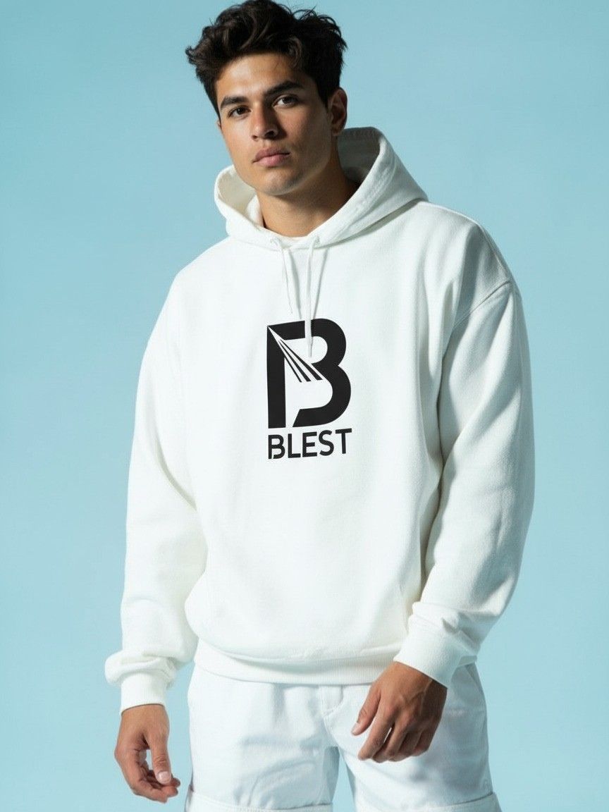 Blest White B Hoodie - Model in Blue Vackground Studio